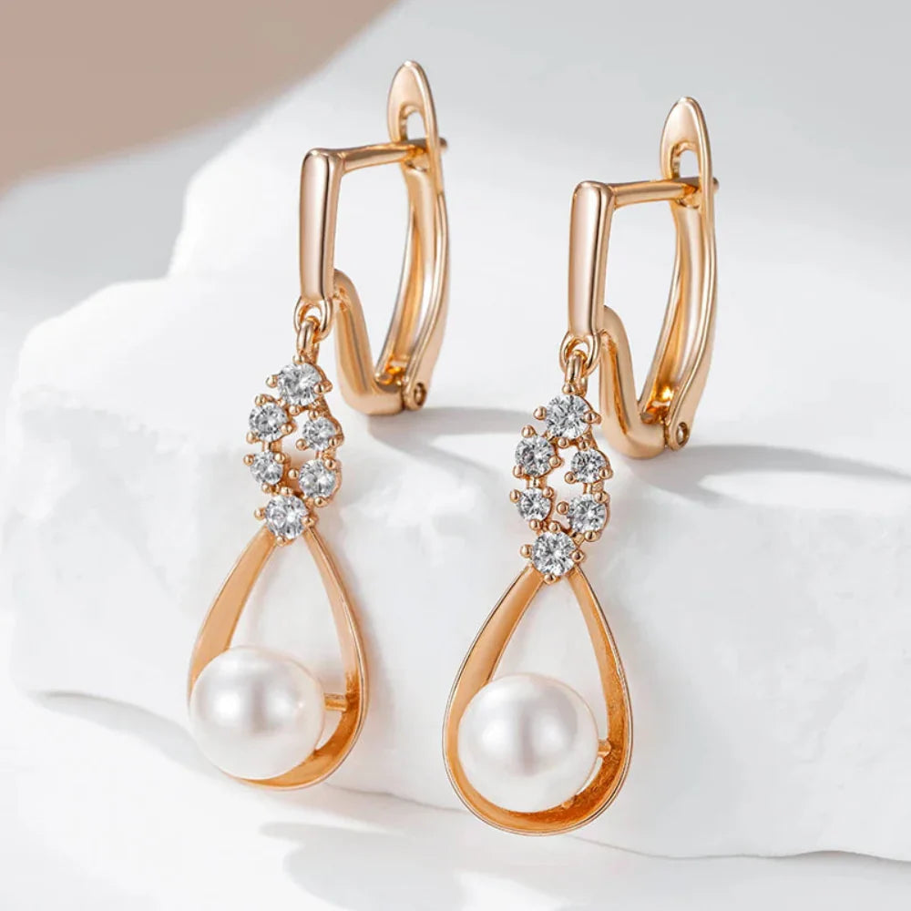 Brincos Longos de Pérola e Zircão em Ouro Rosa 585