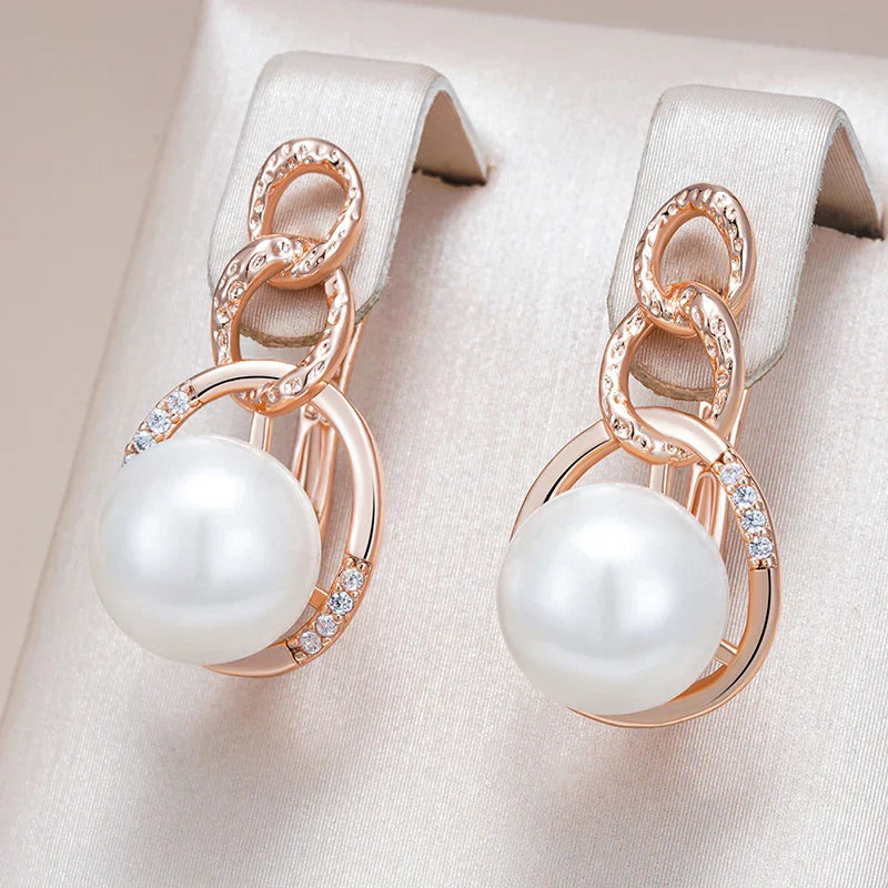 Brincos Geométricos de Pérola com Zircão Natural em Ouro Rosa