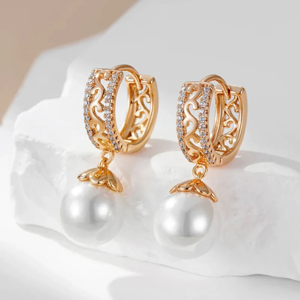Brincos Luxo 585 Ouro Rosa com Pérolas e Zircão