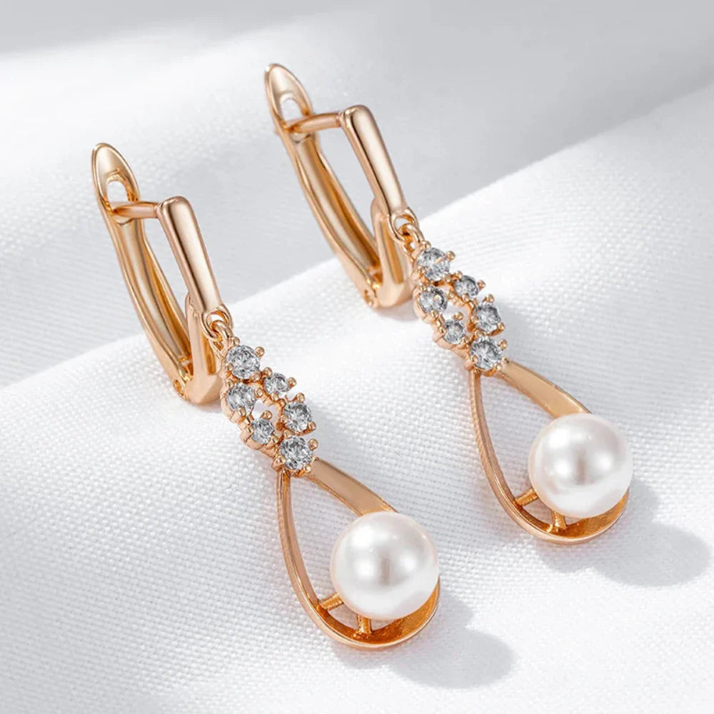 Brincos Longos de Pérola e Zircão em Ouro Rosa 585