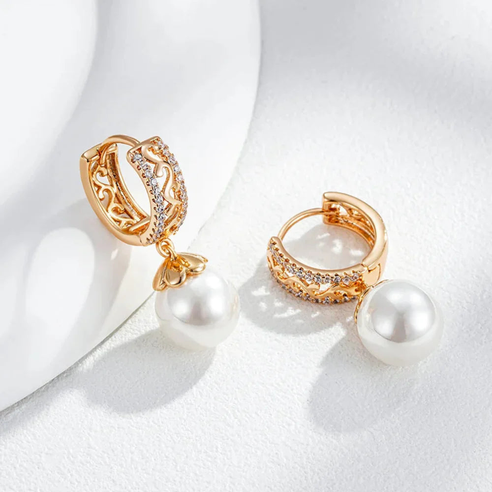 Brincos Luxo 585 Ouro Rosa com Pérolas e Zircão
