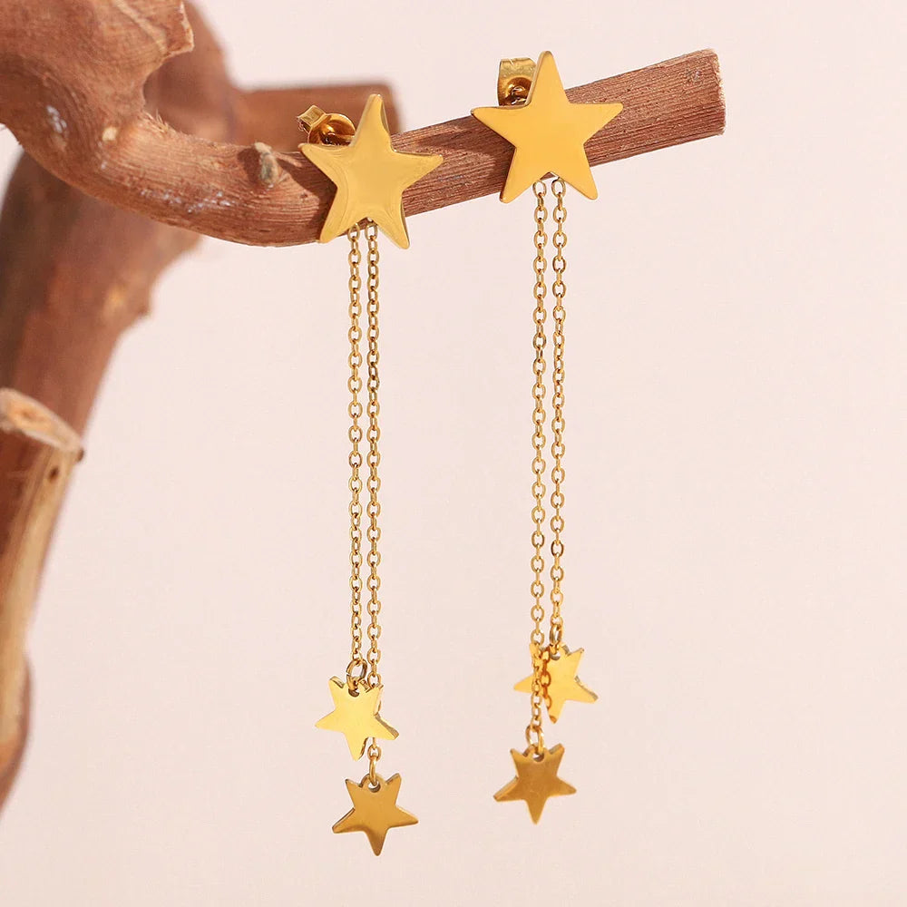 Brincos Estrela de Borla em Aço Inoxidável Banhado a Ouro