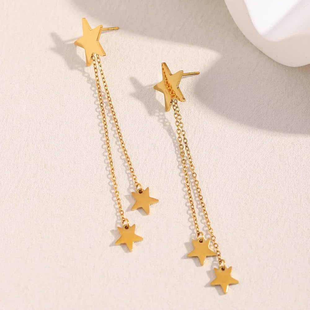 Brincos Estrela de Borla em Aço Inoxidável Banhado a Ouro