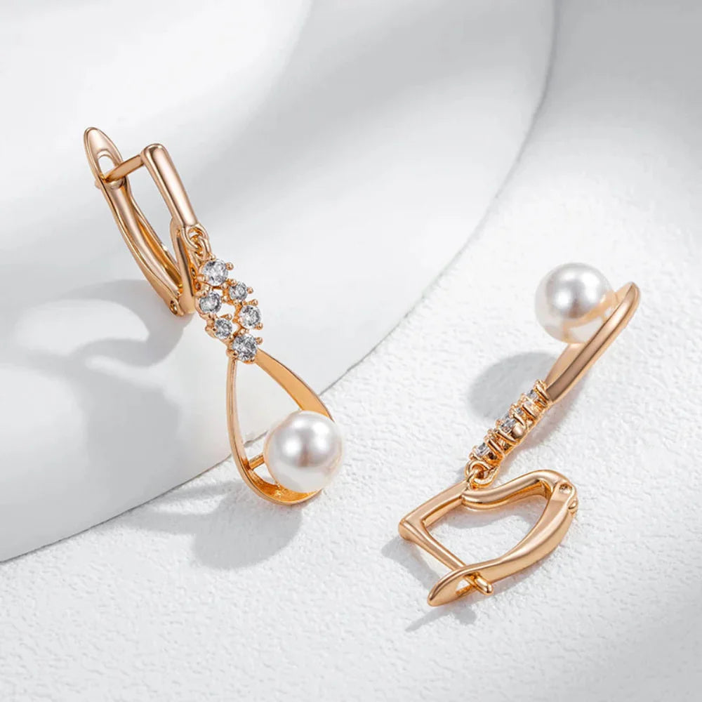 Brincos Longos de Pérola e Zircão em Ouro Rosa 585