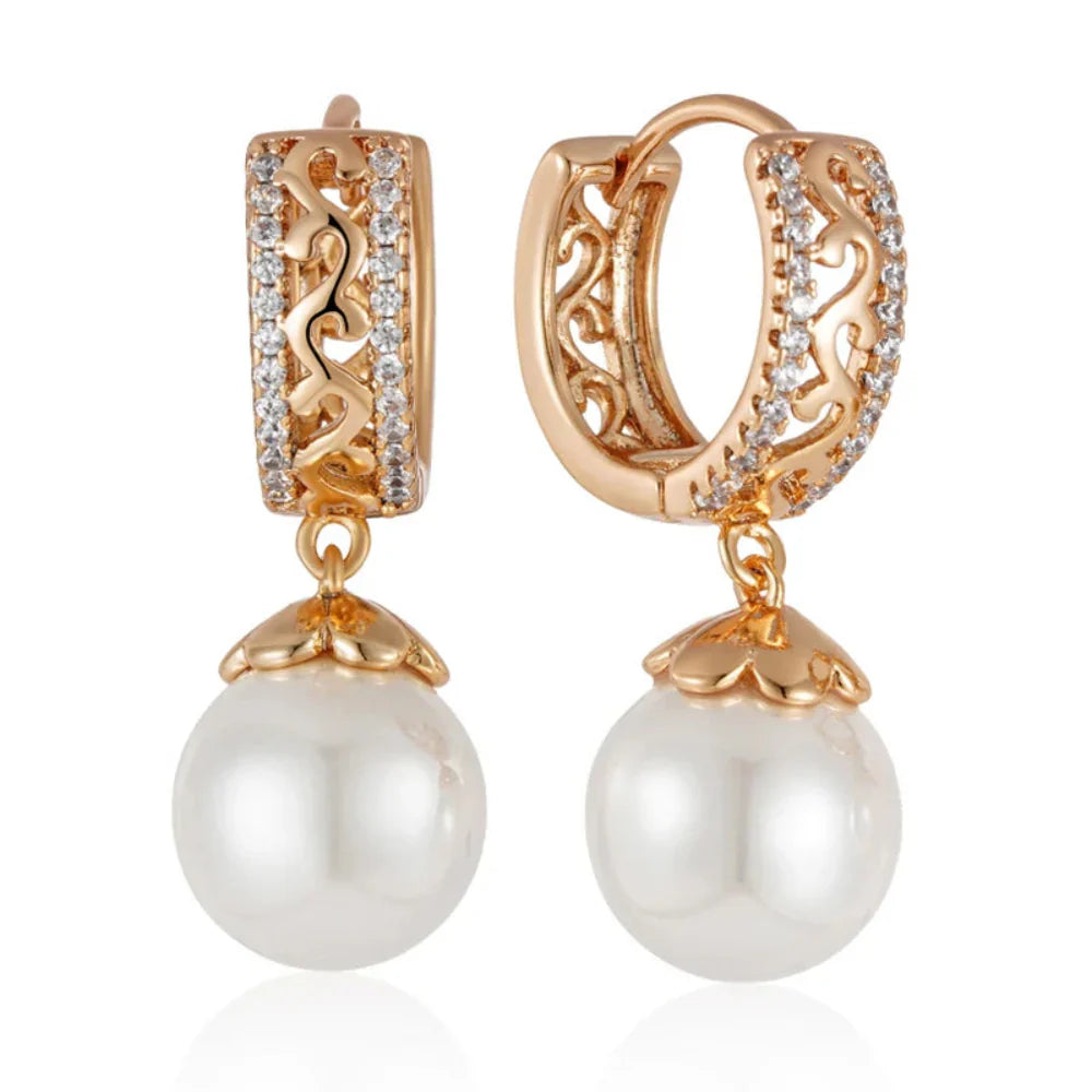 Brincos Luxo 585 Ouro Rosa com Pérolas e Zircão