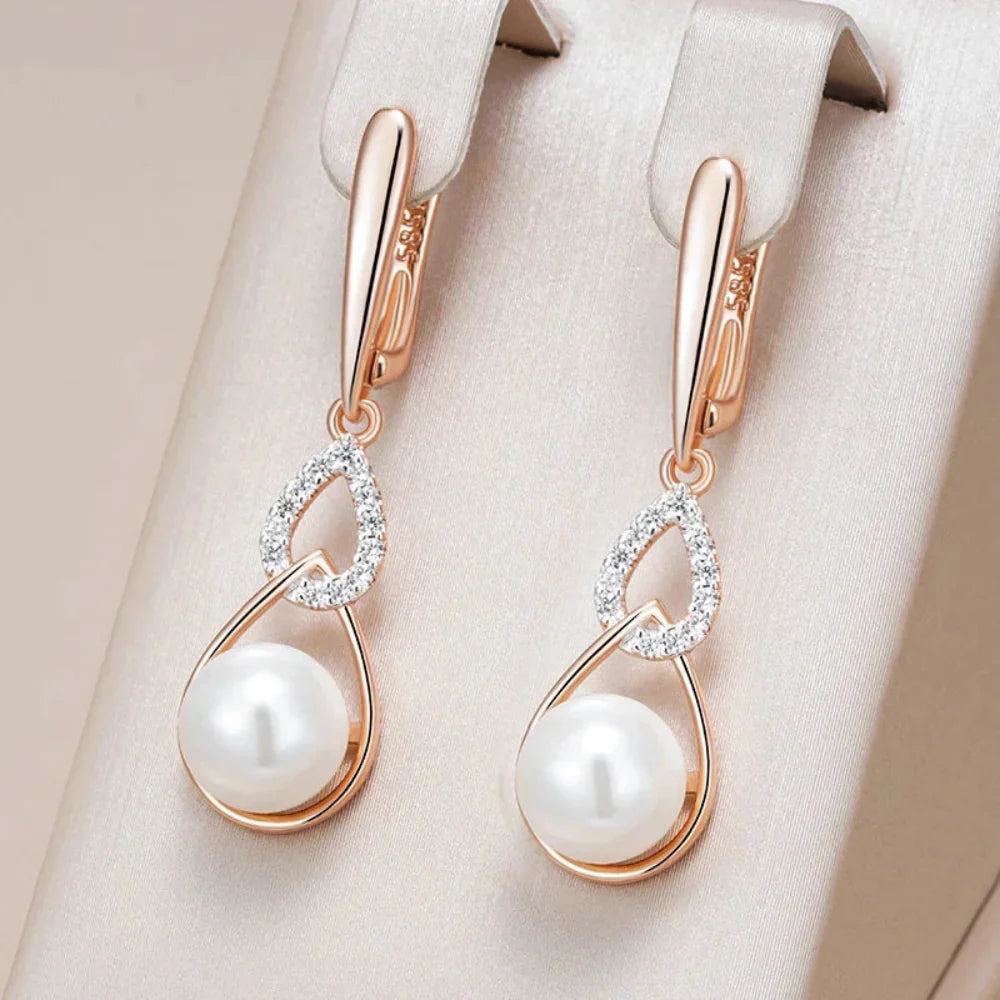 Brincos Longos de Pérola com Ouro Rosa 585 e Zircônia
