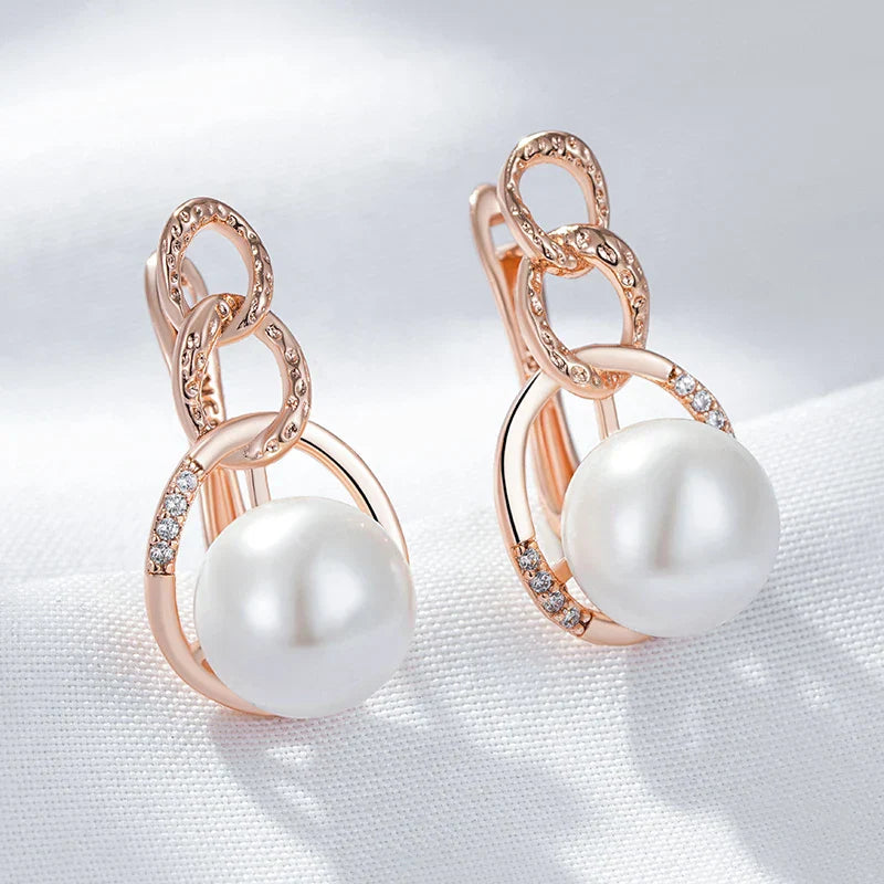 Brincos Geométricos de Pérola com Zircão Natural em Ouro Rosa