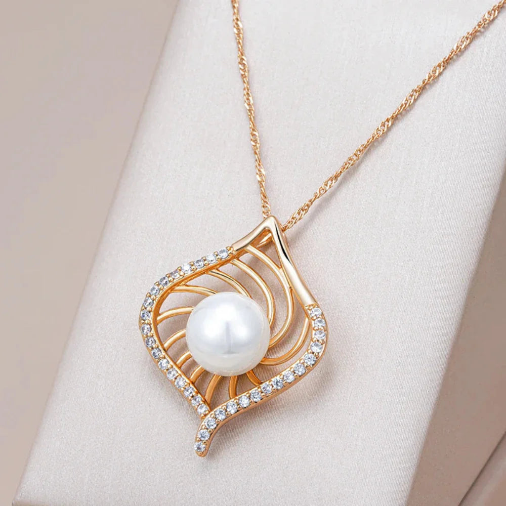 Colar Pingente Luxo Rose Gold Pérola e Zircão