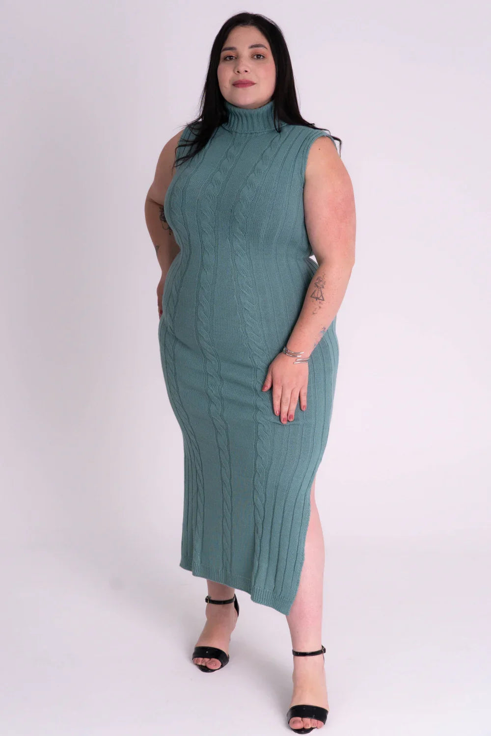 Vestido de Tricot Longo Sem Mangas com Gola Alta